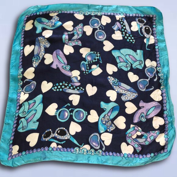 Vintage Silk Square Scarf Blue Purple Shoes Sunglasses Heart Print | 20"x21" - Picture 2 of 4